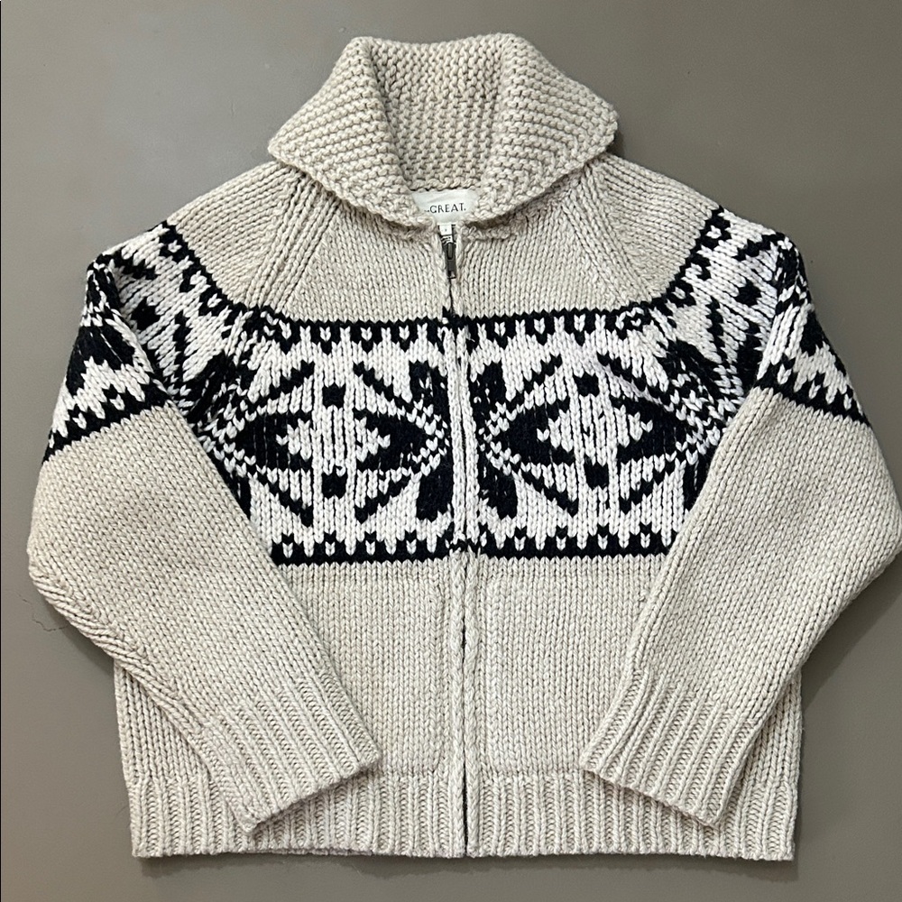 THE GREAT. Woodshed Cardigan Sweater Lambswool 2 M oatmeal black cream zip front